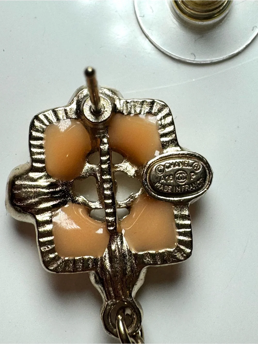 Chanel CC Logo Pale Pink Peach Resin and Fantasy Pearl Drop Earrings W Box
